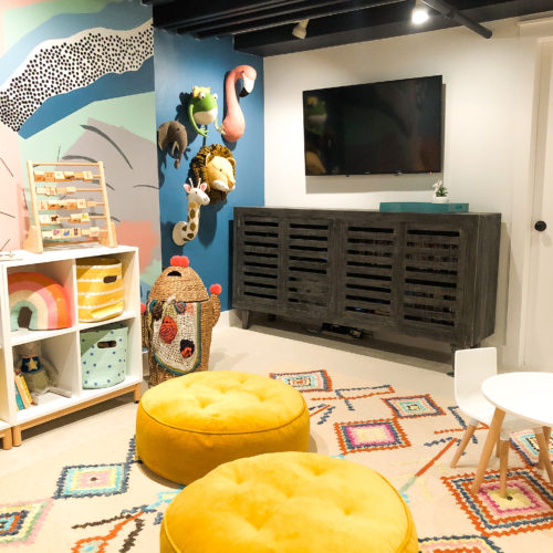 Basement playroom mural wallpaper diy modern kids room chalkboard wall