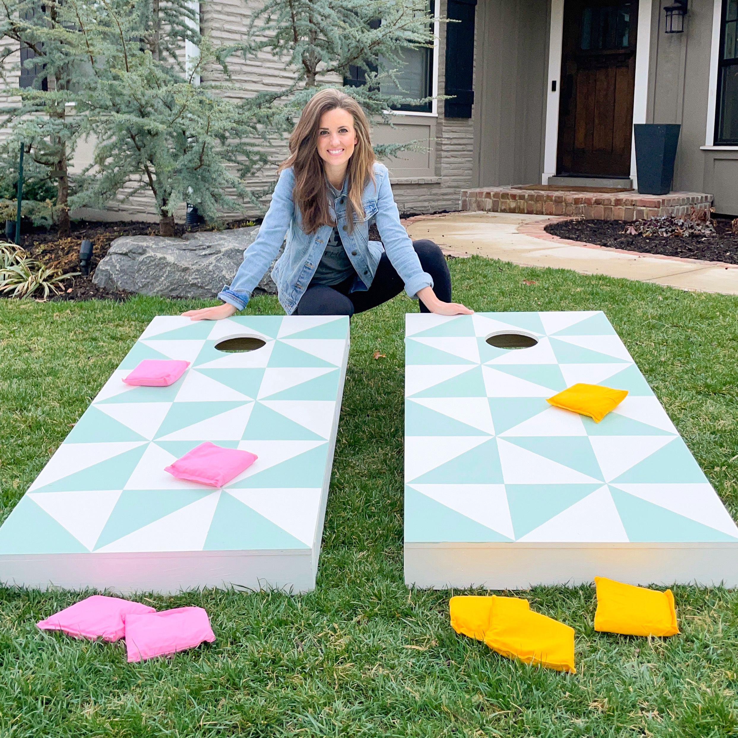 Corn hole diy do it yourself geometric pattern paint cricut